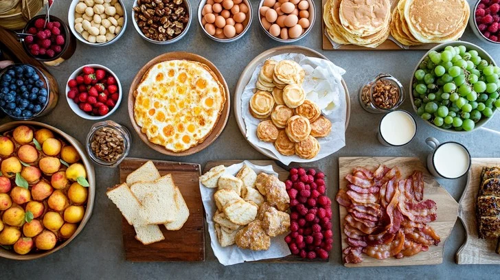 Assorted breakfast items including whole grains, fresh fruits, and nuts arranged on a wooden table